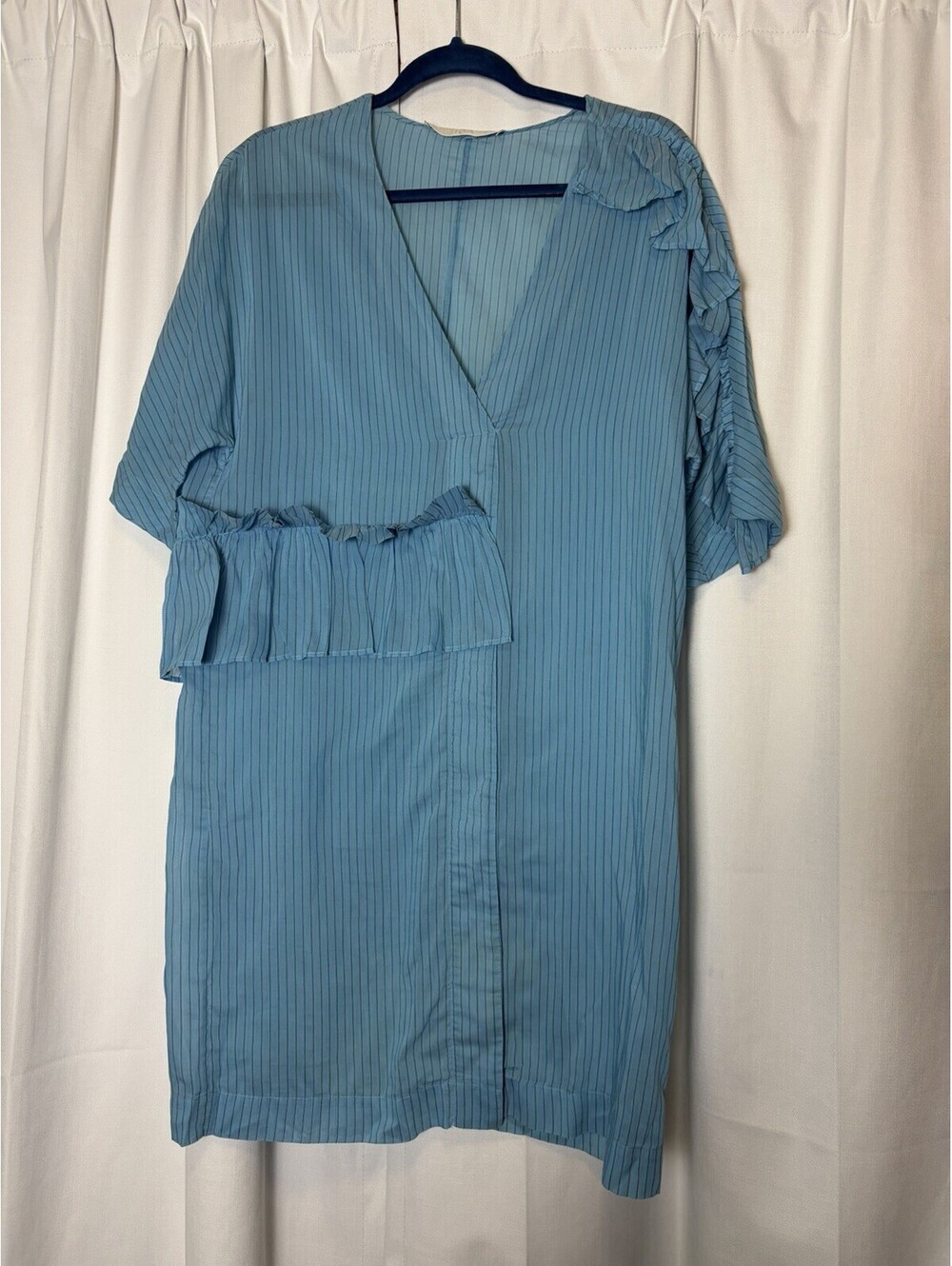 TELA Striped Assymetrical Ruffle Blue Striped Tunic Dress Small Retail $500+